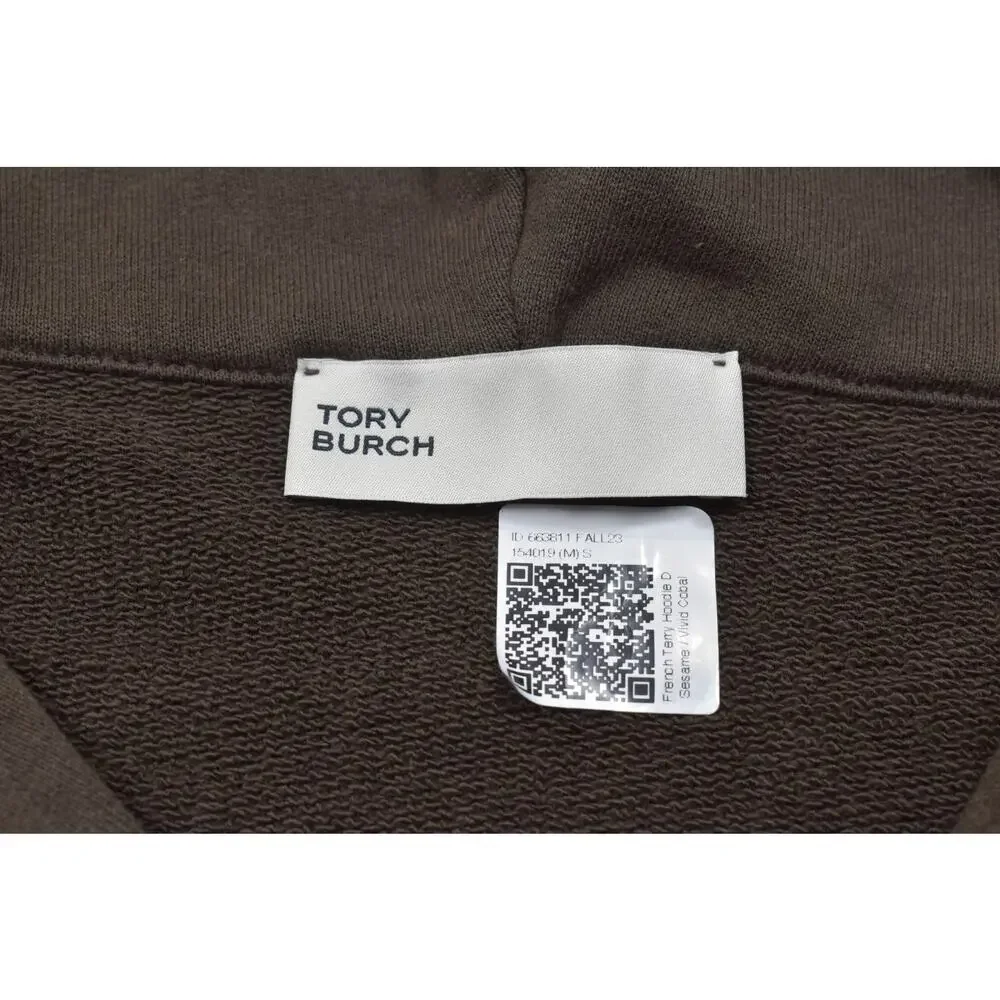 Tory Burch French Terry Hoodie Sweater Sz S Sesame Vivid Coal Colorblock 1/4 Zip